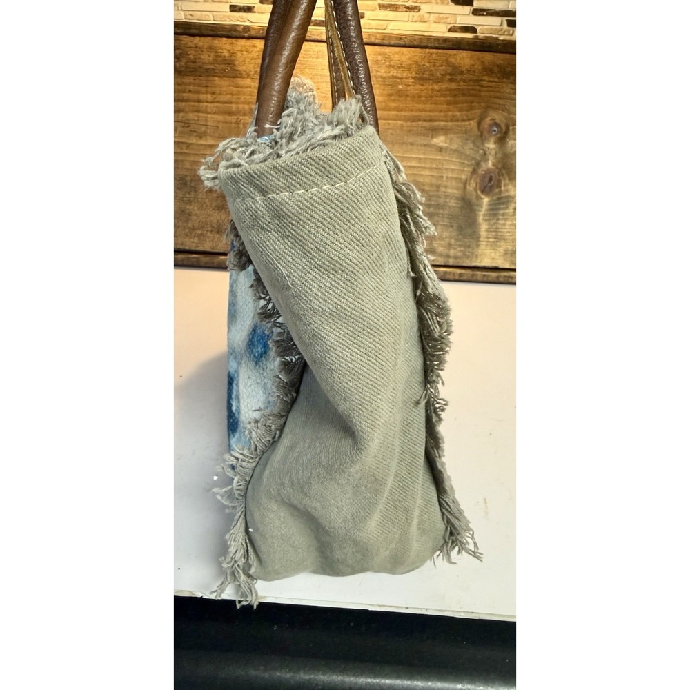 MYRA BAG Aqua Blue Canvas Floral Print Leather Handles Tote 100% cotton - Picture 8 of 16